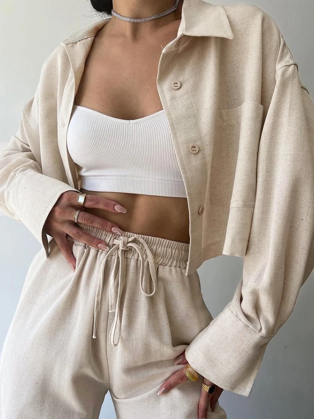 Commense Collared Drawstring Two Piece Pants Set S LL2-5 - Picture 3 of 5